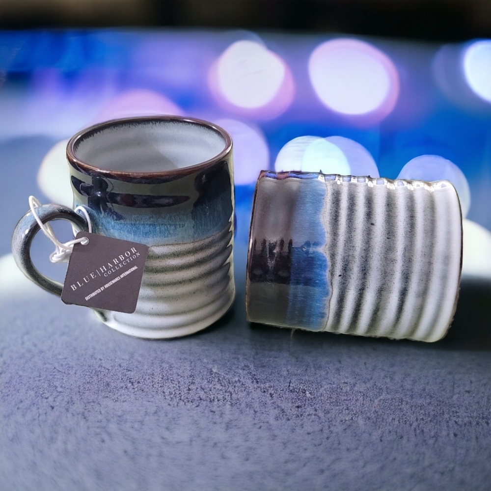 🆕️ Blue Gray White Reactive Glaze Striped Mug Set of 2